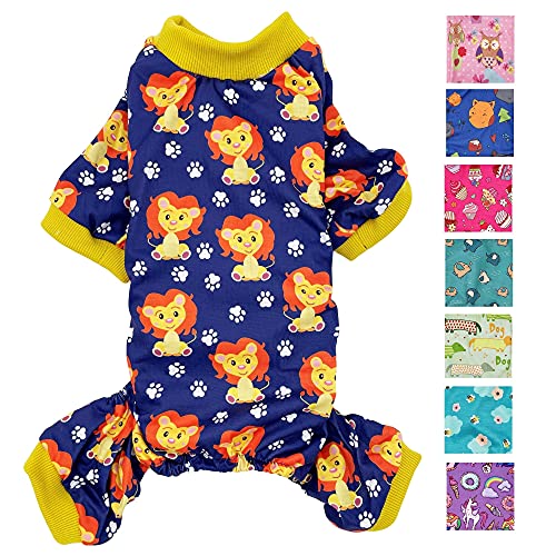 Hunde-Pyjama, Hundeanzug, weiche Baumwollmischung, Jumpsuit für kleine und mittelgroße Haustiere (marineblaue Löwen, XXS: Länge 20,3 cm, Brustumfang 25,4 cm – 30,5 cm) von FunnyDogClothes