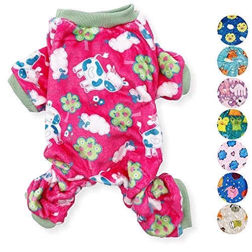 Hunde-Pyjama, weich, warm, Fleece, niedlich, für kleine und mittelgroße Haustiere, Größe XXS – L (Hot Pink Cows, L: Länge – 45,7 cm, Brustumfang 55,9 cm – 66 cm) von FunnyDogClothes