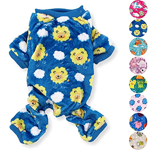 Hunde-Pyjama, weich, warm, Fleece, niedlich, für kleine und mittelgroße Haustiere, Größe XXS – L (blaue Löwen, XXS: Länge – 20,3 cm, Brustumfang 25,4 cm – 30,5 cm) von FunnyDogClothes