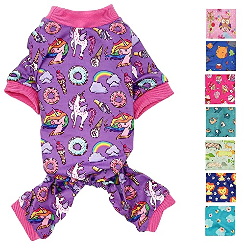 Hunde-Pyjama, weiche Baumwollmischung, Jumpsuit für kleine und mittelgroße Haustiere (Lavendel-Einhörner, L: Länge 45,7 cm, Brustumfang 55,9 cm – 66 cm) von FunnyDogClothes