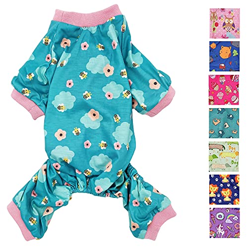 Hunde-Pyjama, weiche Baumwollmischung, Jumpsuit für kleine und mittelgroße Haustiere (hellblaue Bienen, L: Länge 45,7 cm, Brustumfang 55,9 cm – 66 cm) von FunnyDogClothes