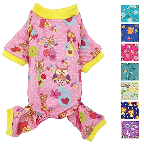 Hunde-Pyjama, weiche Baumwollmischung, Jumpsuit für kleine und mittelgroße Haustiere (rosa Eulen, M: Länge 38,1 cm, Brustumfang 45,7 cm – 55,9 cm) von FunnyDogClothes