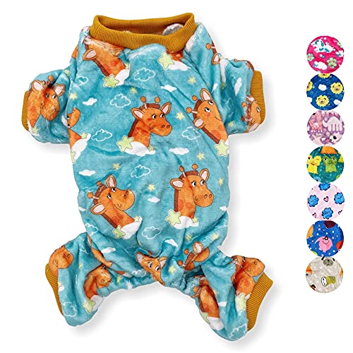 Hunde-Pyjama aus weichem und warmem Fleece, für kleine und mittelgroße Haustiere, Größe XXS – L (blaugrüne Giraffen, XS: Länge – 25,4 cm, Brustumfang 30,5 cm – 40,6 cm) von FunnyDogClothes
