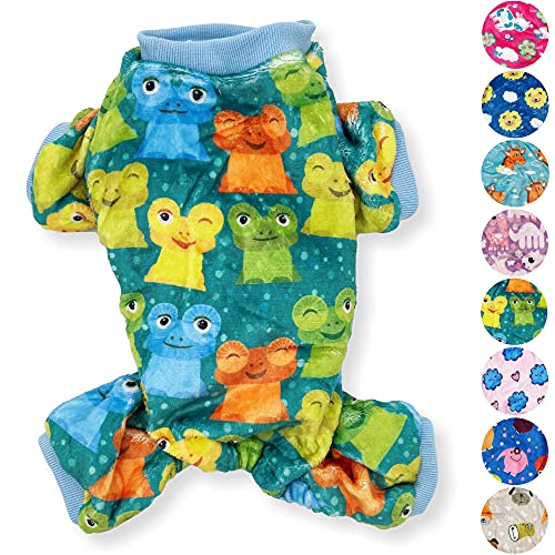 Hunde-Pyjama aus weichem und warmem Fleece, für kleine und mittelgroße Haustiere, Größe XXS – L (grüne Frösche, L: Länge – 45,7 cm, Brustumfang 55,9 cm – 66 cm) von FunnyDogClothes