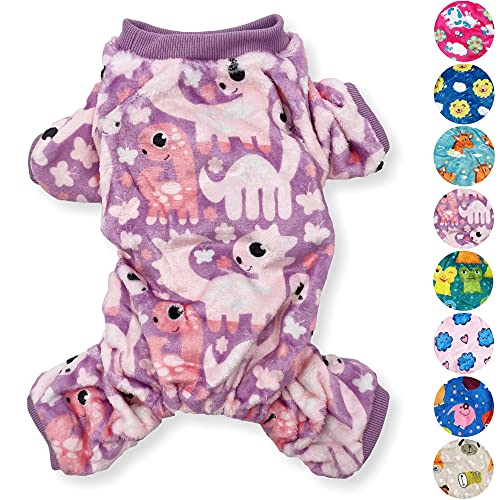 Hunde-Pyjama aus weichem und warmem Fleece, für kleine und mittelgroße Haustiere, Größe XXS – L (violette Dinosaurier, Größe M: Länge – 38,1 cm, Brustumfang 45,7 cm – 55,9 cm) von FunnyDogClothes