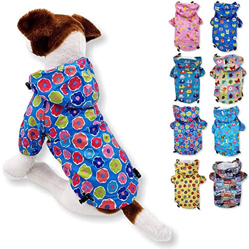 Hunde-Regenmantel mit Kapuze und Leine, wasserdicht, Regenjacke, Regenbekleidung für kleine Haustiere, Katzen, Welpen (Größe L: Länge – 40,6 cm, blaue Blumen) von FunnyDogClothes