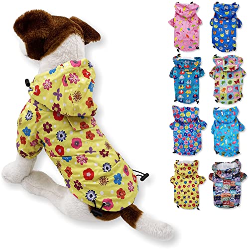 Hunde-Regenmantel mit Kapuze und Leine, wasserdicht, Regenjacke, Regenbekleidung für kleine Haustiere, Katzen, Welpen (Größe L: Länge – 40,6 cm, gelbe Blumen) von FunnyDogClothes