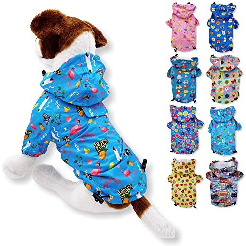 Hunde-Regenmantel mit Kapuze und Leine, wasserdicht, Regenjacke, Regenbekleidung für kleine Haustiere, Katzen, Welpen (Größe XXS: Länge – 20,3 cm, Blau Flamingo) von FunnyDogClothes