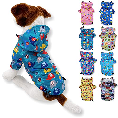 Hunde-Regenmantel mit Kapuze und Leine, wasserdicht, Regenjacke, Regenbekleidung für kleine Haustiere, Katzen, Welpen (XS: Länge – 25,4 cm, blaugrüner Elefant) von FunnyDogClothes