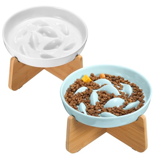 Funnymoom 2 Sets Keramik Slow Feeder Katzennapf mit Ständer Erhöhter Katzenfutterschale mit Fischpool Design Welpenfutterschale Trocken- und Nassfutter Haustierschalen für Katzen und kleine Hunde von Funnymoom