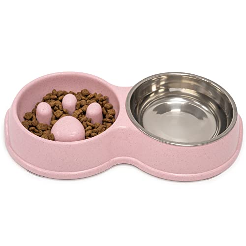 Fur & Bone Double Slow Feeder Hundenapf | Erhöhter Hundenapf mit rutschfestem Boden | Katzenfutternapf Hundenäpfe | Hund Wassernapf Katzennäpfe Edelstahl Napf | Abnehmbarer erhöhter Katzennapf (Rosa) von Fur & Bone