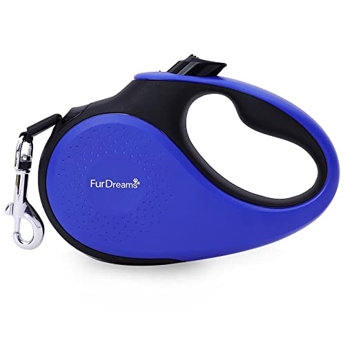 FurDreams Einziehbare Hundeleine – robuste, ausziehbare (5 m) Leine | rutschfester Griff mit Verriegelungskontrolle | starkes verwicklungsfreies Nylonband & Halsband Haken (Blau, Medium) von FurDreams