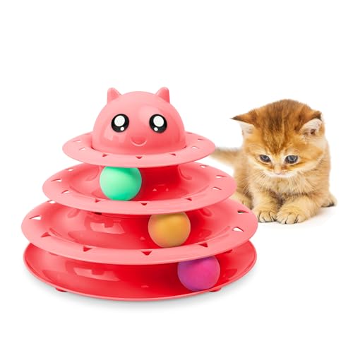 FurDreams Katzenroller Spielzeug - Lustiges interaktives Haustierspielzeug mit Bällen, 3 Ebenen, 3 Farben Ball Katze Teaser Puzzle Spielzeug mit niedlichem Design für Bewegung & Stimulation (Pink) von FurDreams