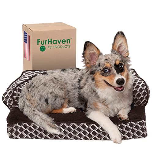 FurHaven Haustierbett für Hunde und Katzen, Plüsch und Dekor, Bequeme Couch, Sofa-Stil, kühlendes Gel-Schaum-Hundebett, Abnehmbarer, maschinenwaschbarer Bezug, Diamantbraun, Größe S von Furhaven