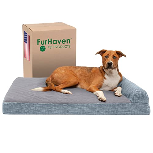 FurHaven Hundebett aus Memory-Schaum für große Hunde mit Abnehmbarer Nackenrolle und waschbarem Bezug, für Hunde bis zu 43 kg, gestepptes Fleece und Wildlederdruck, Titanium, Jumbo/XL von Furhaven