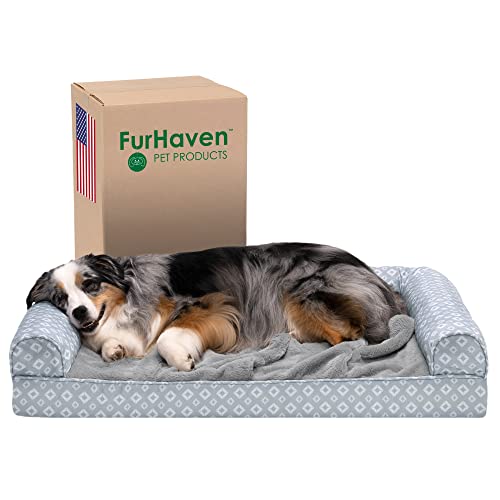 FurHaven Orthopädisches Hundebett, groß, Plüsch- und Diamant-Druck, Sofa-Stil mit abnehmbarem, waschbarem Bezug, Grau, Größe L von Furhaven