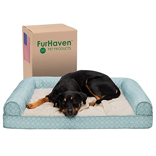 FurHaven XL Orthopädisches Hundebett, Plüsch- und Rautenmuster, Sofa-Stil mit abnehmbarem, waschbarem Bezug, Aqua, Jumbo, Größe XL von Furhaven