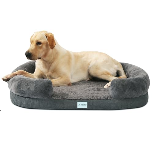 Furated Orthopädische Hundebetten für große Hunde, Egg-Crate Foam Dog Couch Bed mit C-förmiger Chaiselongue, Hundesofa Bett mit abnehmbarem waschbarem Bezug und wasserdichtem Futter, Eisengrau, L von Furated