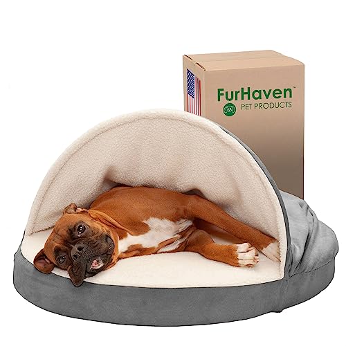 Furhaven Hundebett aus Memory-Schaumstoff, rund, 88,9 cm, Sherpa und Wildleder, mit abnehmbarem waschbarem Bezug, Grau, 88,9 cm von Furhaven