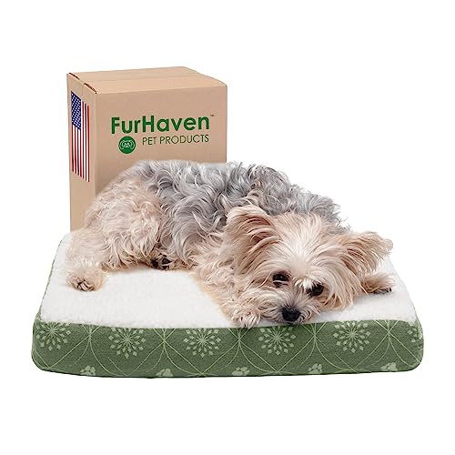 Furhaven Kühlendes Gel Hundebett für kleine Hunde mit abnehmbarem waschbarem Bezug, für Hunde bis zu 9 kg – Sherpa & Flanell Pfotenabdruck Deluxe Matratze – Jadegrün, Größe S von Furhaven