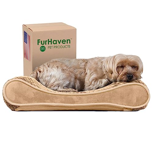 Furhaven Orthopädisches Hundebett für kleine Hunde mit abnehmbarem waschbarem Bezug, für Hunde bis zu 5,4 kg – Minky Plüsch & Samt Luxe Liege Konturmatratze – Camel, Größe S von Furhaven