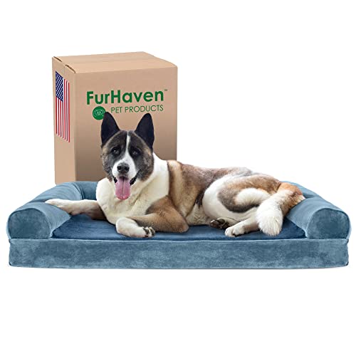 Furhaven XL-Hundebett, kühlendes Gel-Schaumstoff, Kunstfell und Samt, mit abnehmbarem, waschbarem Bezug, Harbor Blue, Jumbo (Größe XL) von Furhaven