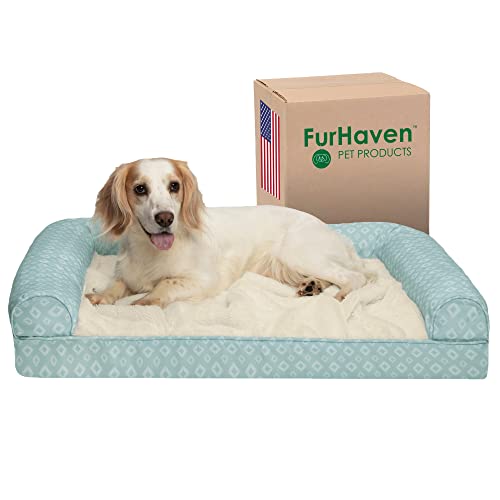 FurHaven Hundebett, Memory-Schaum, Plüsch, Rautenmuster, Sofa-Stil, Abnehmbarer, waschbarer Bezug, groß, Aquamarin von Furhaven