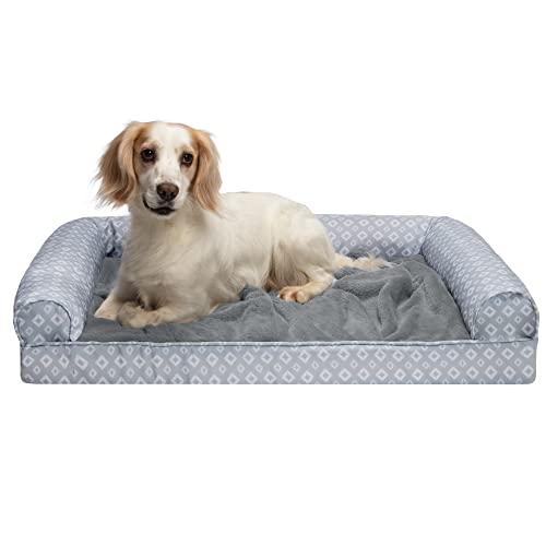 FurHaven Hundebett aus Memory-Schaum, Plüsch- und Diamant-Druck, Sofa-Stil mit abnehmbarem, waschbarem Bezug, Grau, Größe L von Furhaven