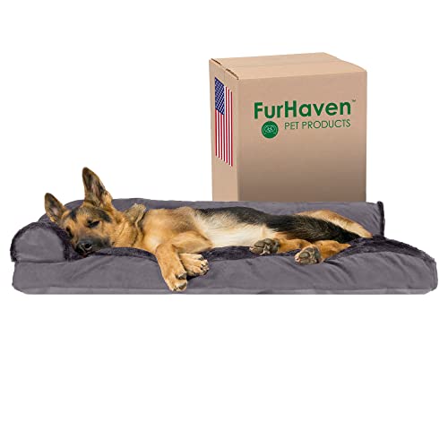 FurHaven Kissen Hundebett für große Hunde mit abnehmbaren Nackenrollen und waschbarem Bezug, Plüsch und Samt, L-förmiges Chaiselon, Platingrau, Jumbo/XL von Furhaven