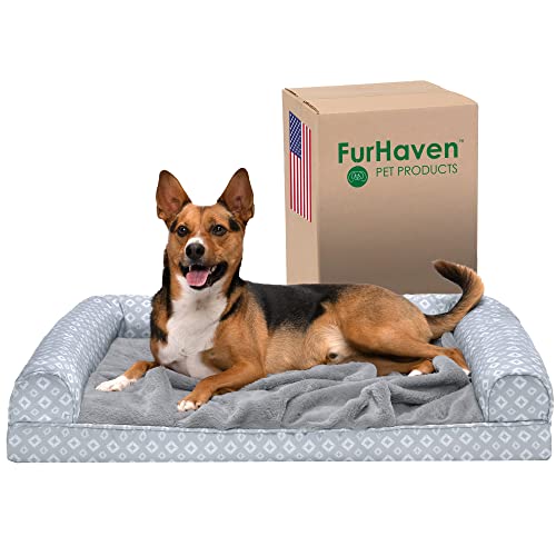 FurHaven Kühlendes Gel-Hundebett für große/mittelgroße Hunde mit abnehmbaren Nackenrollen und waschbarem Bezug, für Hunde bis zu 25 kg, Plüsch- und Diamant-Druck, Grau, Größe L von Furhaven