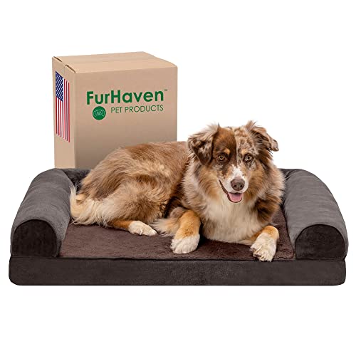 Furhaven Kühlendes Gel-Hundebett für große/mittelgroße Hunde mit abnehmbaren Nackenrollen und waschbarem Bezug, für Hunde bis zu 25 kg, Sherpa- und Chenille-Sofa, Größe L, Kaffeebraun von Furhaven