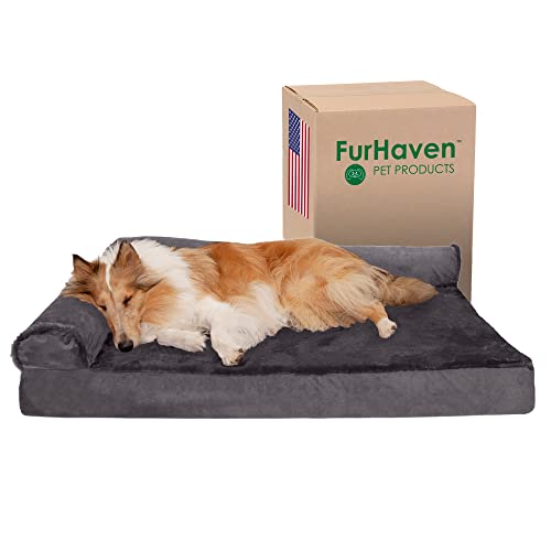 FurHaven Kühlendes Gel-Hundebett für große Hunde, mit abnehmbaren Nackenrollen und waschbarem Bezug, für Hunde bis zu 43 kg, Plüsch und Samt, L-förmige Chaiselongue, Platingrau, Jumbo/XL von Furhaven