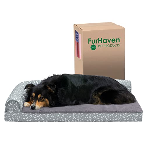 FurHaven Large Orthopedic Dog Bed Plush & Almond Print L Shaped Chaise w/Removable Washable Cover - Gray Almonds, Large von Furhaven