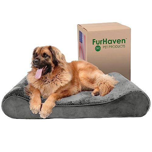 FurHaven Orthopädisches Hundebett für große Hunde mit abnehmbarem, waschbarem Bezug, für Hunde bis zu 68 kg, Minky Plush & Velvet Luxe Lounger Konturmatratze – Grau, Jumbo Plus/XXL von Furhaven