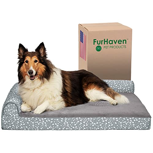 FurHaven XL Kühlendes Gelschaum-Hundebett aus Plüsch und Mandeldruck, L-Chaiselbett mit abnehmbarem, waschbarem Bezug, Graue Mandeln, Jumbo (XL) von Furhaven