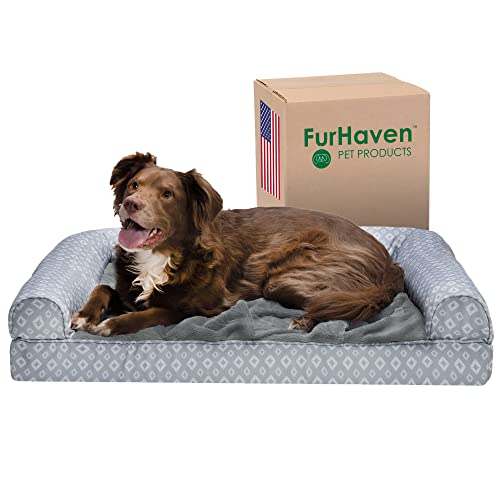 FurHaven XL Memory Foam Dog Bed Plush & Diamond Print Nest Top Sofa-Style w/Removable Washable Cover - Gray, Jumbo (X-Large) von Furhaven