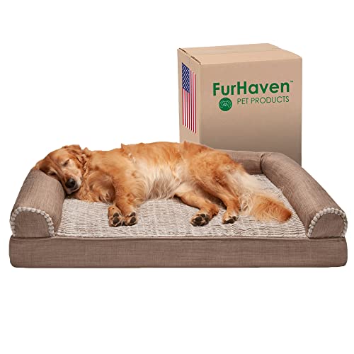 FurHaven XL Orthopedic Dog Bed Luxe Faux Fur & Performance Linen Sofa-Style w/Removable Washable Cover - Woodsmoke, Jumbo (X-Large) von Furhaven