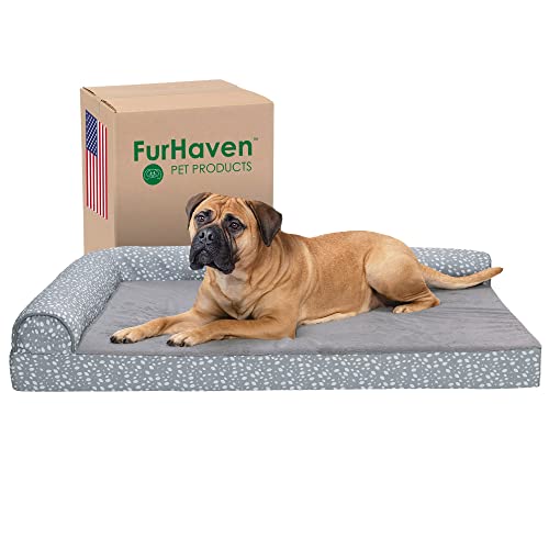 FurHaven XXL Hundebett, Memory-Schaum, Plüsch- und Mandelmuster, L-förmige Chaiselongue, Abnehmbarer, waschbarer Bezug, Grau Mandeln, Jumbo Plus (XXL) von Furhaven