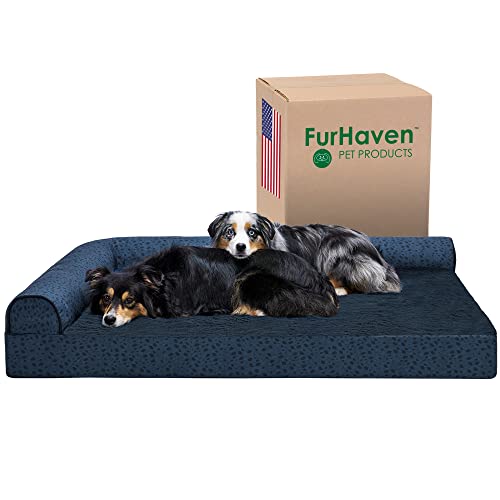 FurHaven XXL Kühlendes Gelschaum-Hundebett aus Plüsch und Mandeldruck, L-Chaiselbett mit abnehmbarem, waschbarem Bezug, Blaue Mandeln, Jumbo Plus (XX-Large) von Furhaven