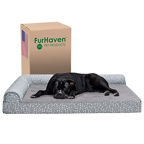 FurHaven XXL Orthopädisches Hundebett, Plüsch- und Mandeldruck, L-förmige Chaiselongue, Abnehmbarer, waschbarer Bezug, Grau Mandeln, Jumbo Plus (XXL) von Furhaven