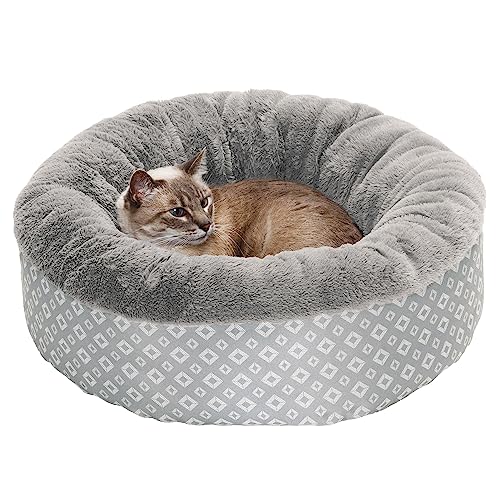 Furhaven 23" Round Small Donut Dog Bed Plush & Diamond Print Calming Cuddler, Washable - Gray, Small von Furhaven