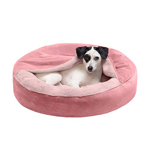 Furhaven 24" Round Small Donut Dog Bed Plush Velvet Waves Hooded Calming Cuddler, Washable - Rose Pink, Small von Furhaven