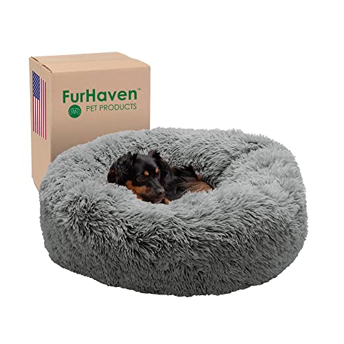 Furhaven 30" Round Medium Donut Dog Bed Plush Long Faux Fur Calming Cuddler w/Removable Washable Cover - Gray, Medium von Furhaven