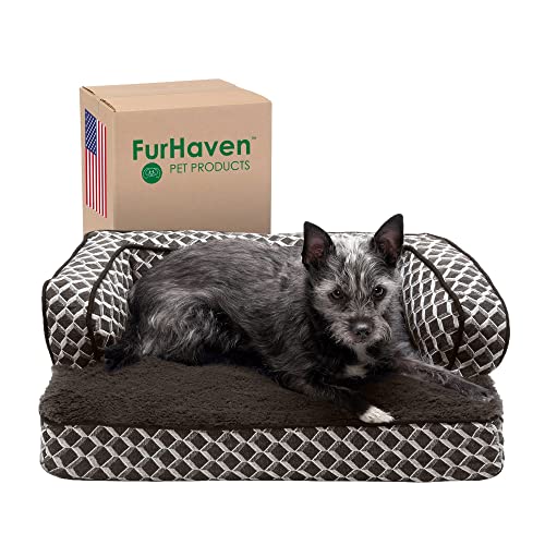 Furhaven Hundebett aus Memory-Schaum für kleine Hunde mit abnehmbaren Nackenrollen und waschbarem Bezug, für Hunde bis zu 9 kg – Plüsch und gewebte Dekoration, bequemes Sofa, Diamantbraun, Größe S von Furhaven