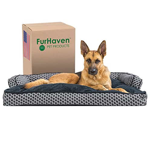 Furhaven Hundebett mit Kissen für große Hunde mit abnehmbaren Nackenrollen und waschbarem Bezug, Plüsch- und gewebtes Dekor, bequemes Sofa, Diamantgrau, Jumbo/XL von Furhaven