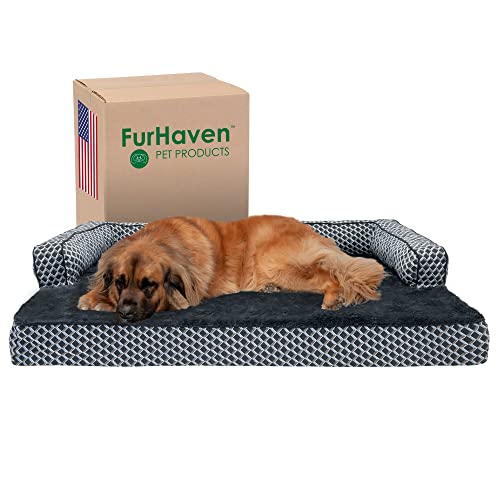 Furhaven Kühlendes Gel-Hundebett für große Hunde mit abnehmbaren Nackenrollen und waschbarem Bezug, für Hunde bis zu 56,7 kg – Plüsch und gewebte Dekoration, bequemes Sofa, Diamantgrau, Jumbo Plus/XXL von Furhaven