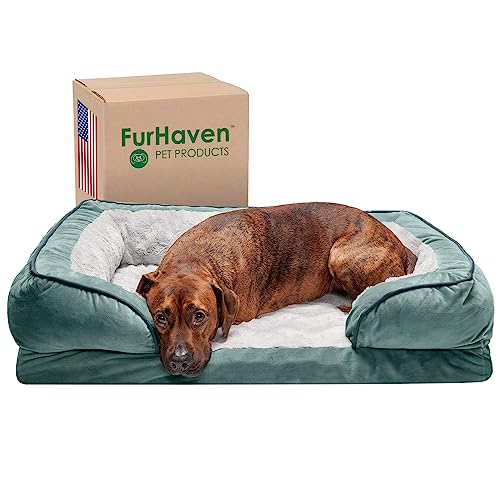 Furhaven Large Memory Foam Dog Bed Perfect Comfort Plush & Velvet Waves Sofa-Style w/Removable Washable Cover - Celadon Green, Large von Furhaven