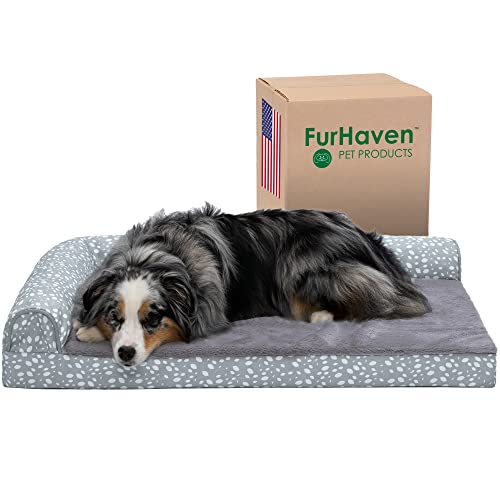 Furhaven Großes kühlendes Gel-Schaumstoff-Hundebett, Plüsch- und Mandeldruck, L-Chaiselel, mit abnehmbarem, waschbarem Bezug, Grau Mandeln, Größe L von Furhaven