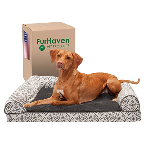 Furhaven Großes kühlendes Gel-Schaumstoff-Hundebett, Plüsch und Südwest-Kelim-Dekor, Sofa-Stil mit abnehmbarem, waschbarem Bezug, Fliedergrau, Größe L von Furhaven