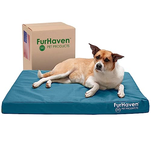 Furhaven Wasserabweisendes kühlendes Gel-Hundebett für große/mittelgroße Hunde mit abnehmbarem, waschbarem Bezug, für Hunde bis zu 25 kg – Indoor/Outdoor Logo-Print Oxford Polycanvas Matratze – Deep von Furhaven